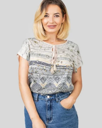Bluza maro cu snur si imprimeuri gri