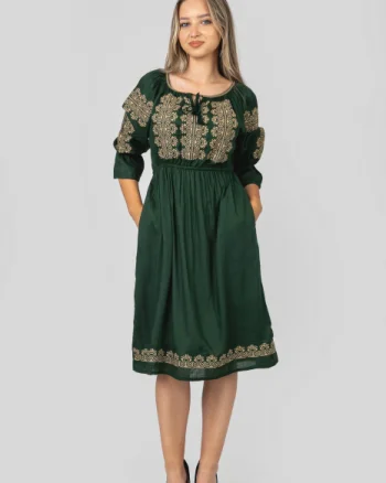 Rochie traditionala midi verde cu motiv geometric crem Elisabeta 02