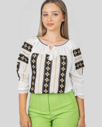 Ie traditionala alba cu motiv floral auriu Albina
