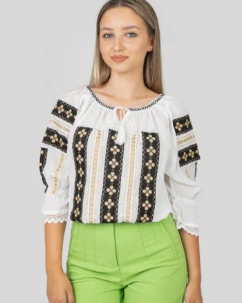 Ie traditionala alba cu motiv floral auriu Albina