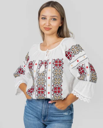 Ie traditionala alba cu motiv floral multicolor Zina