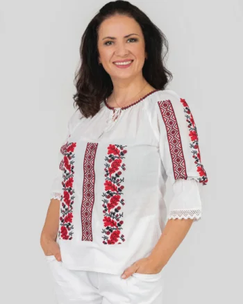 Ie traditionala alba cu motiv floral rosu Amira
