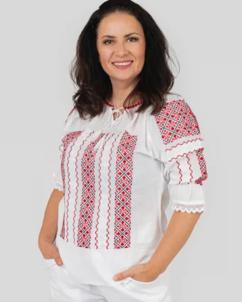Ie traditionala alba cu motiv geometric rosu Anemona