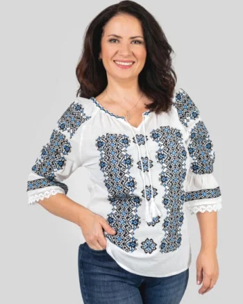 Ie traditionala alba cu motiv geometric albastru Anne 03