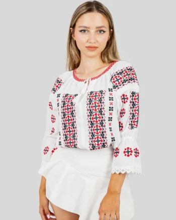 Ie traditionala alba cu motiv geometric rosu Lorelai 02