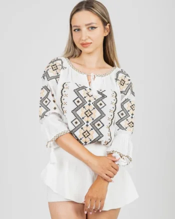 Ie traditionala alba cu motiv geometric crem Erica 03