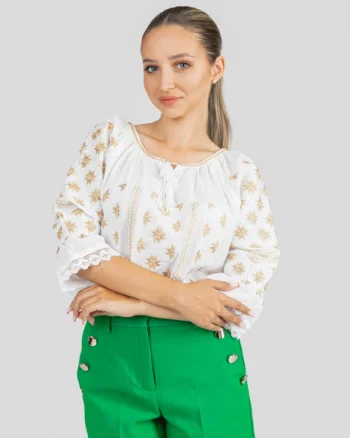 Ie traditionala alba cu motiv floral auriu Elvira