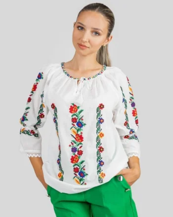 Ie traditionala alba cu motiv floral multicolor Artemisa