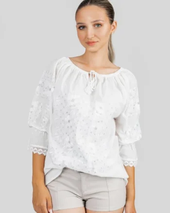 Ie traditionala alba cu motiv floral argintiu Angelica 01