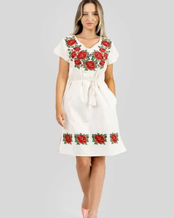 Rochie traditionala midi crem cu motiv floral rosu Larisa 01