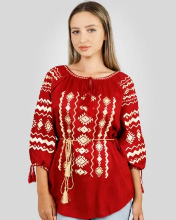 Bluza rosie cu motiv geometric auriu Carmina 01