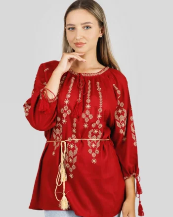 Bluza rosie cu motiv geometric auriu Iosefina 03