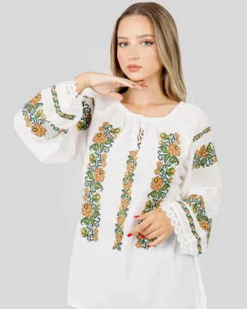 Ie traditionala alba cu motiv floral crem Codruta