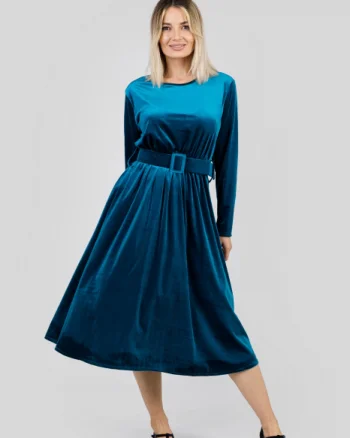 Rochie turcoaz din catifea cu centura in talie