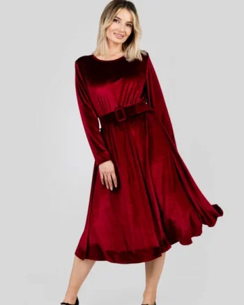 Rochie visinie din catifea cu centura in talie