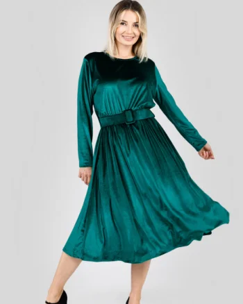 Rochie verde smarald din catifea cu centura in talie