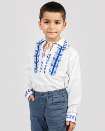 Camasa traditionala de baieti alba cu motiv floral albastru Albert