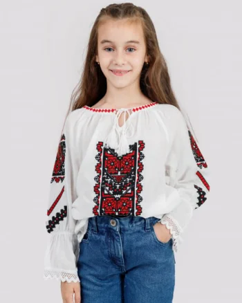 Ie traditionala alba pentru fetite cu motiv floral rosu Cosmina