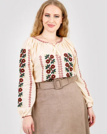 Ie traditionala crem cu motiv floral rosu Luciana
