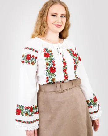 Ie traditionala alba cu motiv floral rosu Daniela