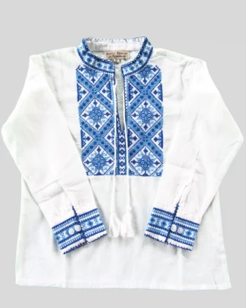 Camasa traditionala de baieti alba cu motiv geometric albastru Andreas