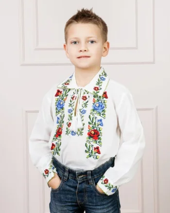 Camasa traditionala de baieti alba cu motiv floral tricolor Paul 01