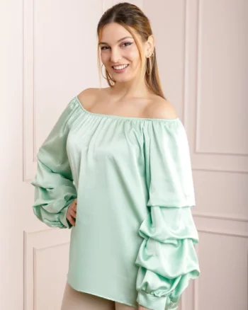 Bluza verde mint eleganta cu maneci bufante