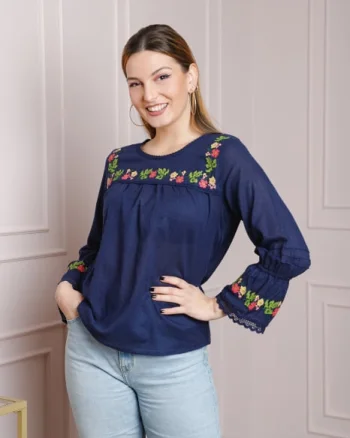 Bluza albastra cu motiv floral multicolor Svetlana 04