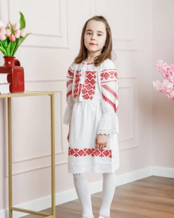Rochie traditionala alba pentru fetite cu motiv geometric rosu Erica