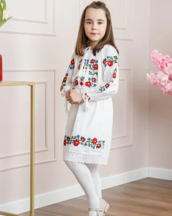 Rochie traditionala alba pentru fetite cu motiv floral rosu Sara
