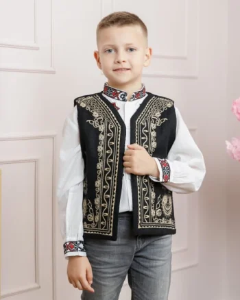 Vesta traditionala de baieti neagra cu broderie florala crem Emil 01