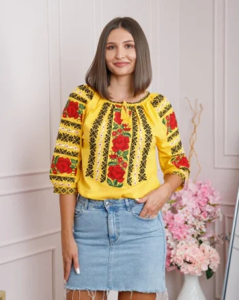 Bluza galbena cu motiv floral rosu Anita