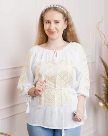 Bluza alba cu motiv geometric auriu Ines 03