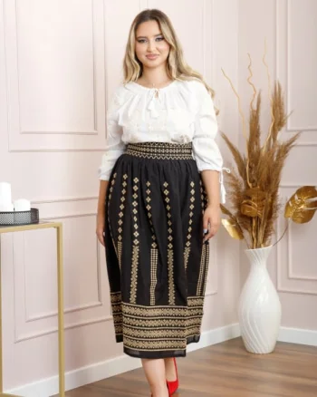 Fusta traditionala neagra cu broderie geometrica crem Daniela