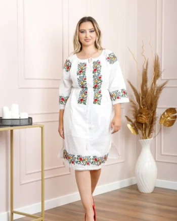 Rochie traditionala alba cu motiv floral multicolor Andreea 02