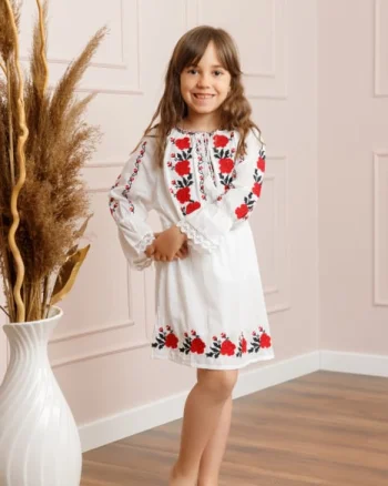 Rochie traditionala alba pentru fetite cu motiv floral rosu Anabela