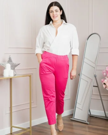 Pantaloni casual ciclam cu talie elastica si buzunare functionale