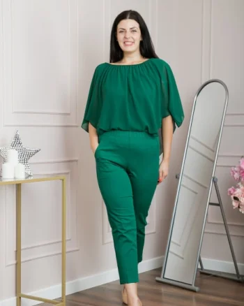 Pantaloni casual verzi cu talie elastica si buzunare functionale