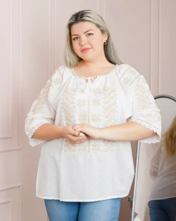Ie traditionala alba cu motiv geometric auriu Miriam 02