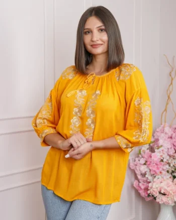 Bluza galbena cu motiv floral auriu Iasmina 07 - maneca scurta