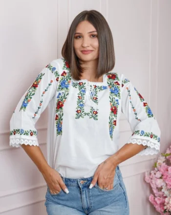 Bluza alba cu motiv floral multicolor Dalia 03 - maneca 3 4