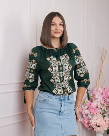 Bluza verde cu motiv floral crem Codrina