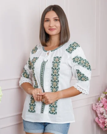 Ie traditionala alba cu motiv floral verde Malina