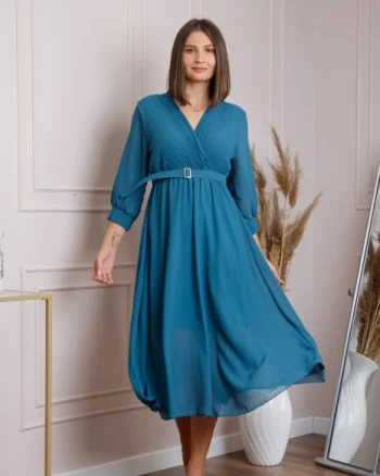 Rochie turcoaz cu bust petrecut si curea in talie