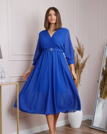 Rochie albastru regal cu bust petrecut si curea in talie