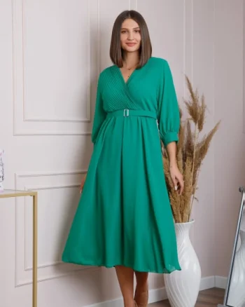 Rochie verde smarald cu bust petrecut si curea in talie