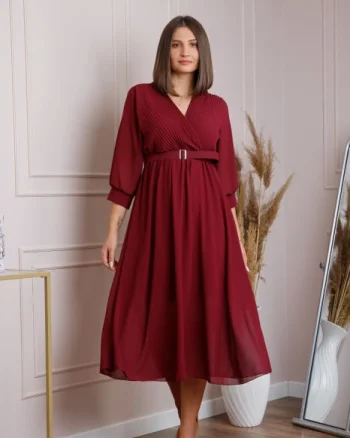 Rochie grena cu bust petrecut si curea in talie