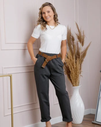 Pantaloni gri antracit lejeri cu talie elastica si curea ajustabila