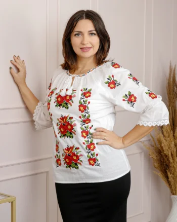 Ie traditionala alba cu motiv floral rosu Sofia 01