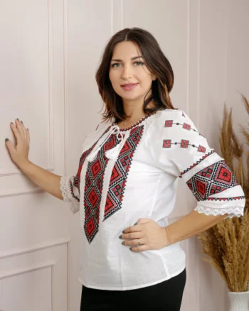 Ie traditionala alba cu motiv geometric rosu Ramona 03